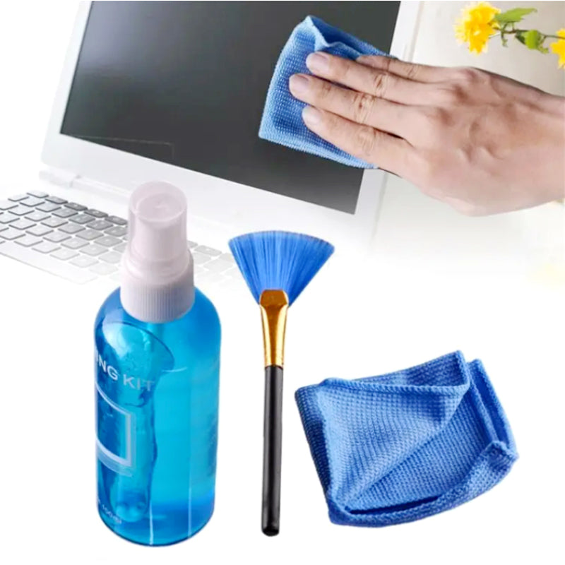 3-in-1 LCD/LED Screen Cleaning Kit – Safe, Non-Alcohol Solution with Microfiber Cloth & Brush for Laptop, Mobile, TV, Camera, and Electronics