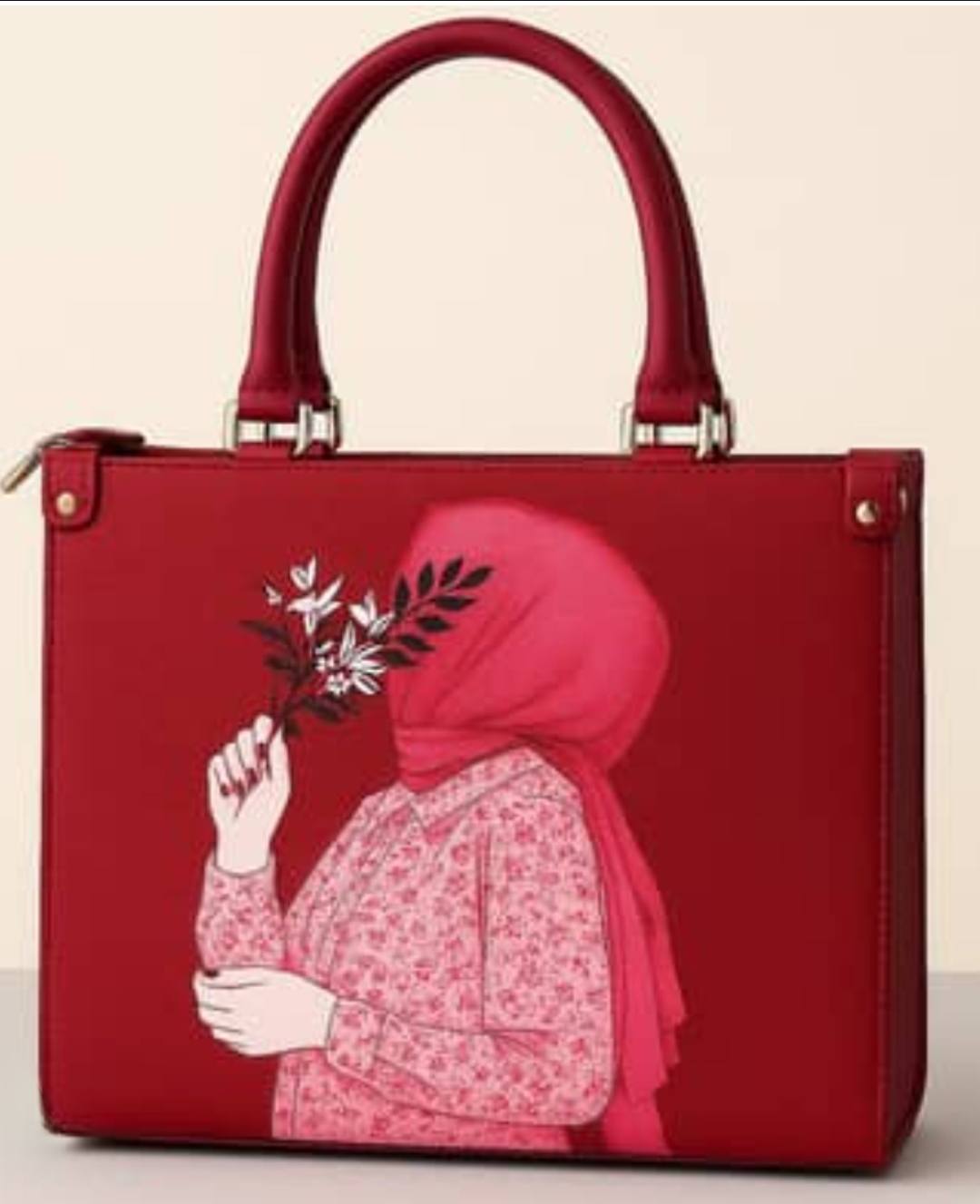 Elegant Red Handbag with Artistic Girl Print – Modern Minimalist Tote