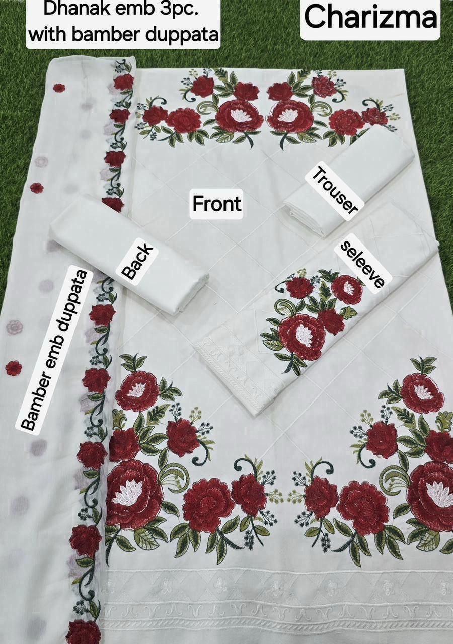 Dhanak EMB 3-Piece Suit with Bamber Embroidered Dupatta