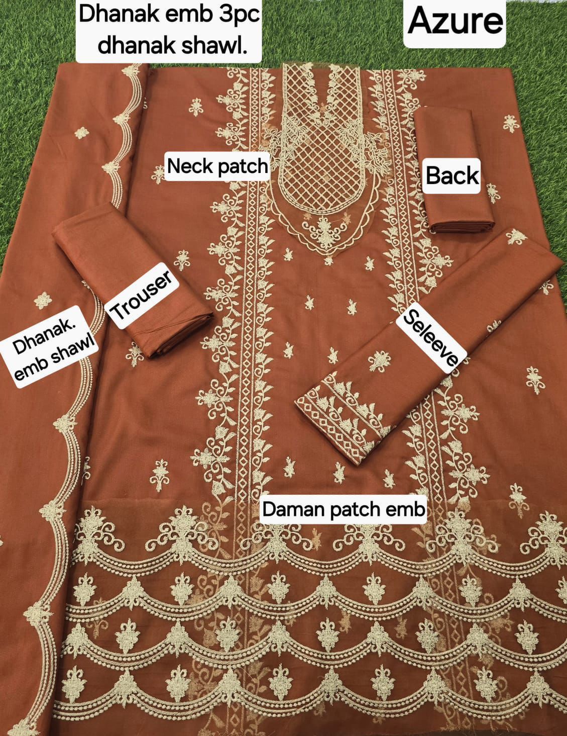Dhanak Embroidered 3-Piece Suit with Matching Dhanak Embroidered Dupatta