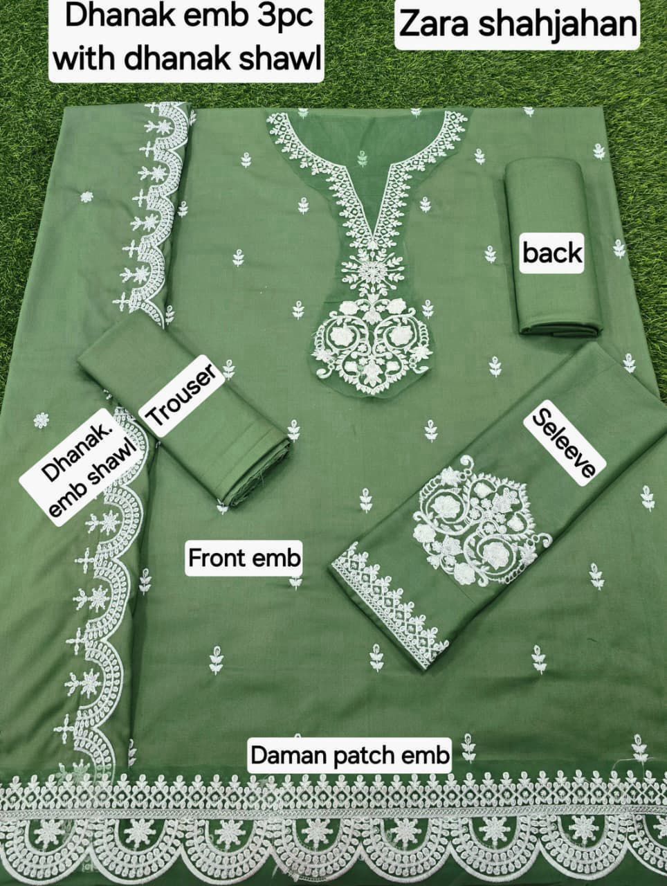 Dhanak Embroidered 3-Piece Suit with Matching Dhanak Embroidered Dupatta