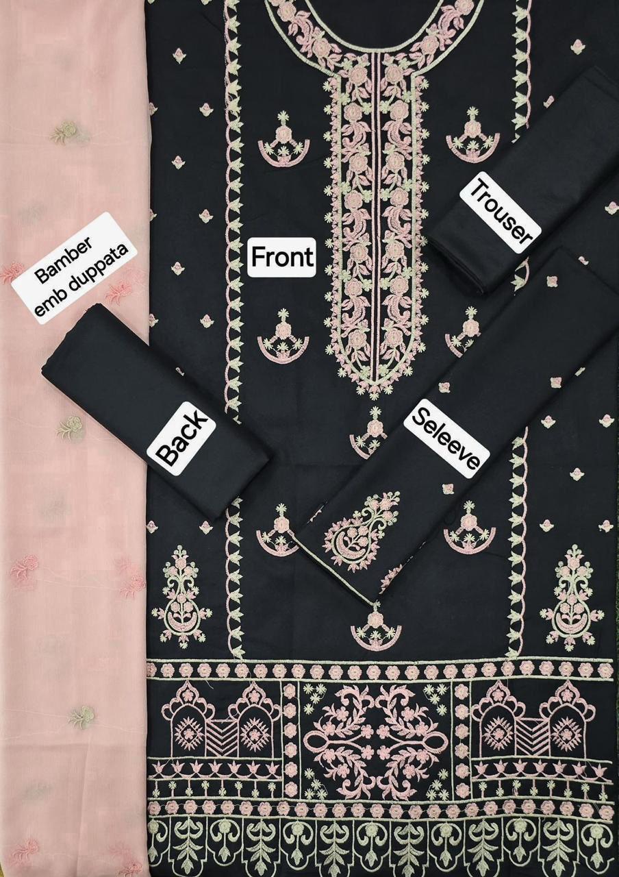 Dhanak Embroidered 3-Piece Suit with Bamber Embroidered Dupatta