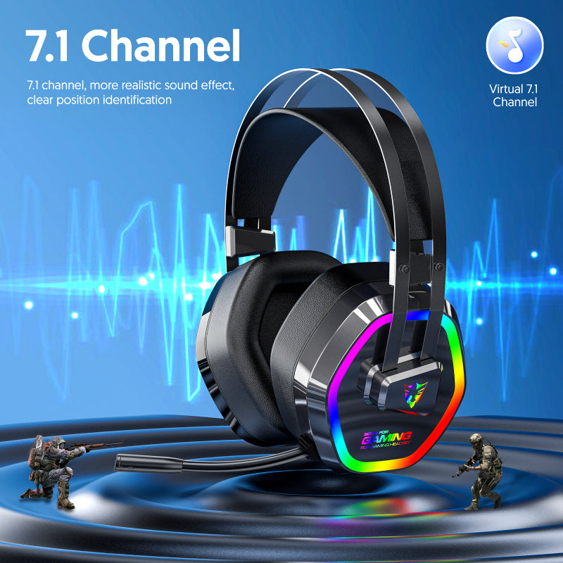 G608 USB Wired RGB Gaming Headset with 7.1 Surround Sound, Noise-Cancelling Mic & 50mm Drivers