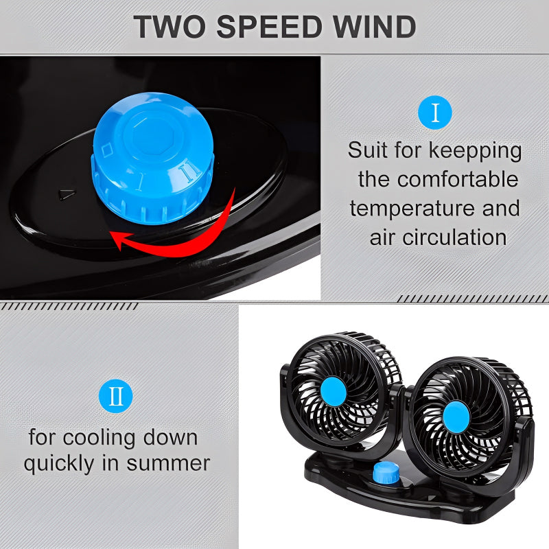 F30 Dual-Headed 360° Rotating Car Fan with Low Noise & Adjustable Airflow